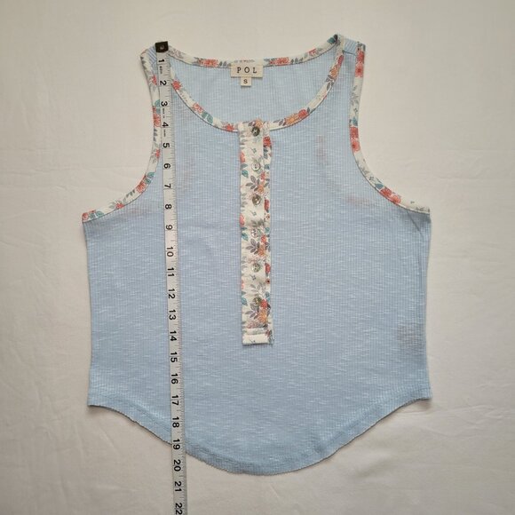 POL Henley Ringer Tank Top Floral Blue Small Boho Coastal - Picture 7 of 8